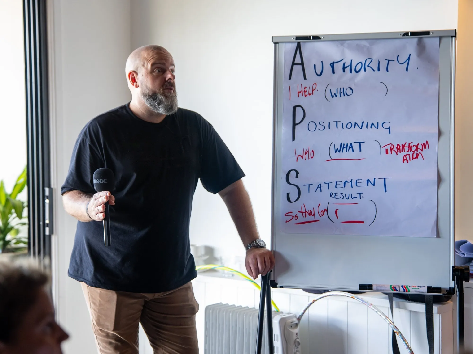 Brett teaching a small group beside a handwritten flipchart