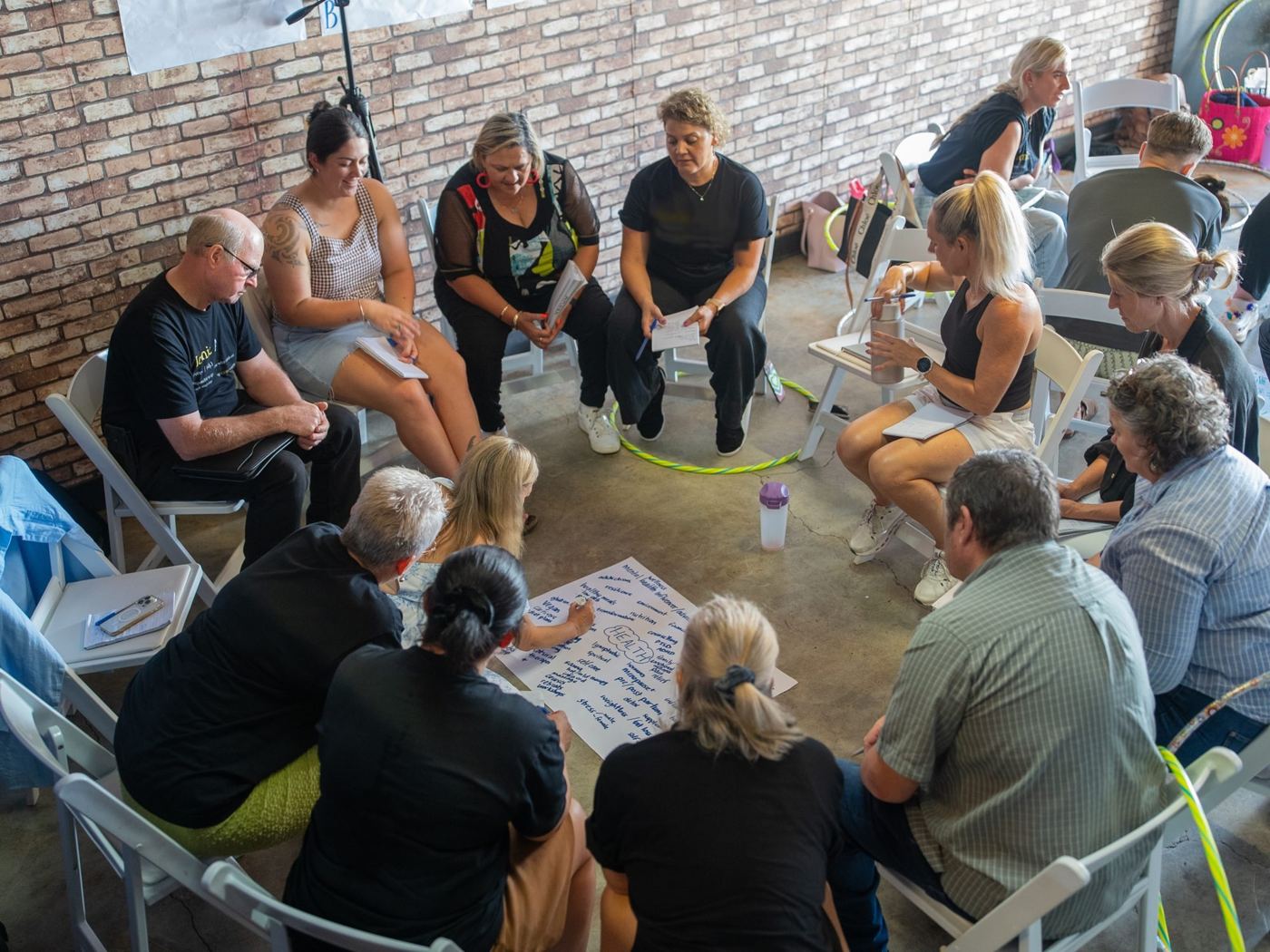 Workshop participants working in a circle on the floor
