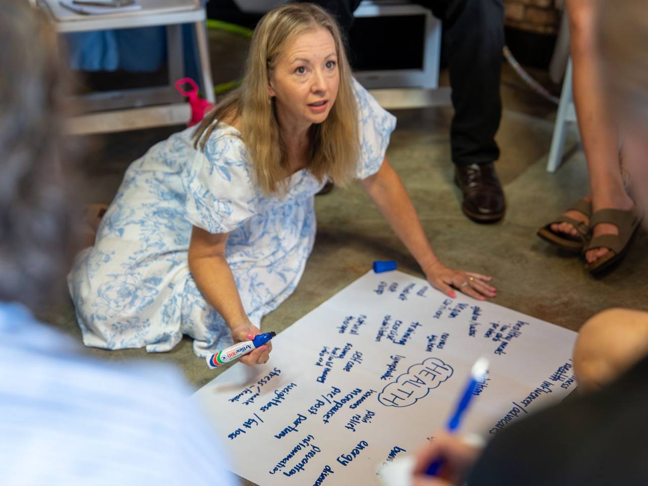 A participant mapping ideas on the floor
